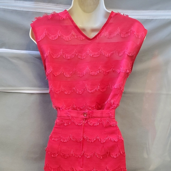 60s Vintage Hand Sewn Red Eyelash Fringe 2 Piece Pencil Skirt Suit - Picture 6 of 16